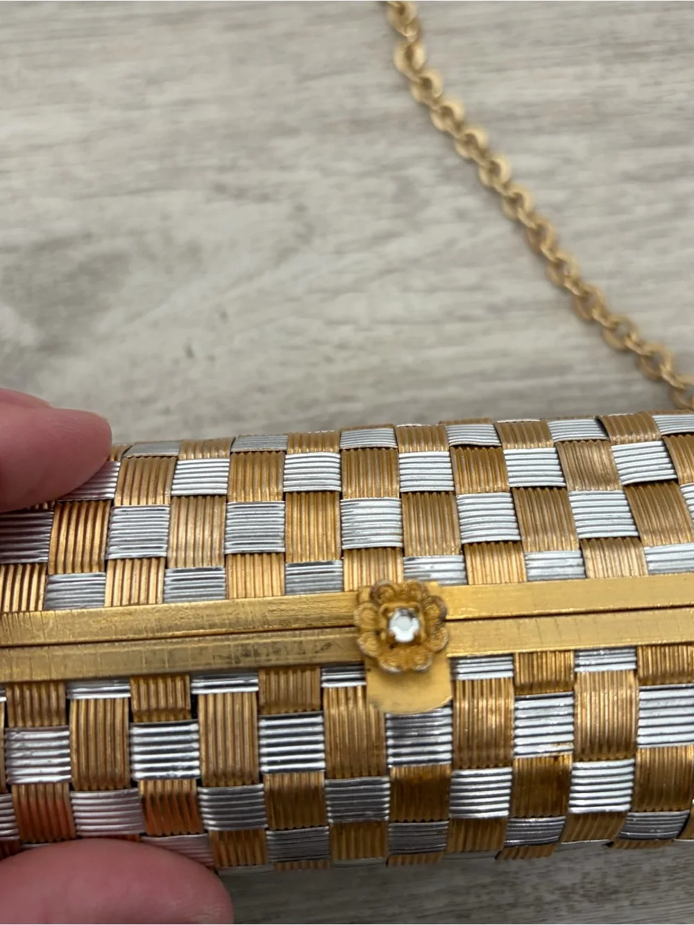 Vintage Walborg Hand Clutch Purse Gold Silver Woven Cylinder Bag Made in Italy